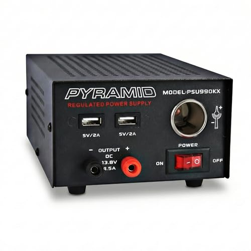 Universal Compact Bench Power Supply - 7 Amp Regulated Home Lab Benchtop AC-Dc Converter Power Supply for CB Radio, HAM W/ 13.8 Volt Dc 120V AC Supply, Dual USB, Cigarette Lighter - Pyramid PSU990KX