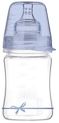LOVI Biberon en verre anti-colique avec tétine dynamique, 150 ml, 0+ Mois, Système de ventilation SUPER, Protection du réflexe de succion, Collection Baby Shower Boy