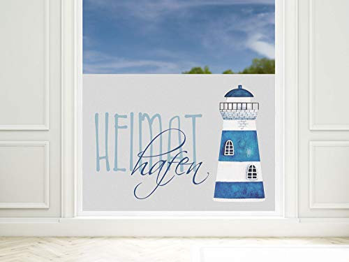 GRAZDesign Fensterfolie Blickdicht Leuchtturm Heimathafen [80x57cm] für Fenster Bad & Dusche maritim | Sichtschutzfolie Glastür, Badfenster, Flur, Farbe Silbergrau Milchglasfolie BxH