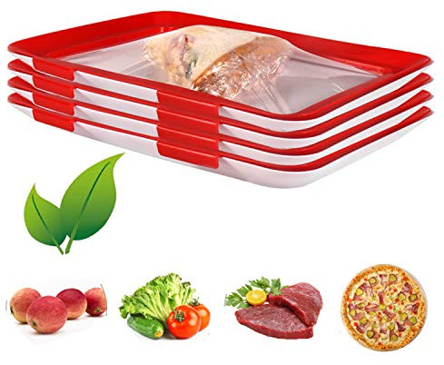 Vacuum Fresh Storage Tray, Reusable Food Storage Container Creative Stackable Food Preservation Tray Vacuum Preservation Tray with Elastic Lid, for Vegetable Fruit Meat Fish (4 PCS)