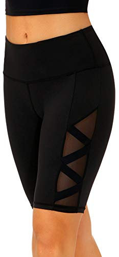 romansong Damen Mesh Kurze Leggings Yoga Hose mit Tasche Nicht Durchsichtig Hohe Taille Bauch Kontrolle Gym Shorts - Schwarz - Klein
