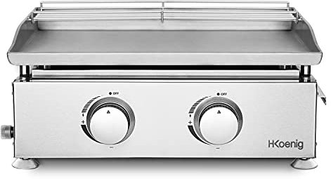 H.Koenig Piastra a Gas in Acciaio Inox PLX820, Piastra da 5 mm, 47x 36 cm,2 Fuochi inox,Distribuzione Uniforme del Calore, Temperatura fino a 350°C