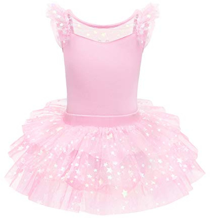 IWEMEK Filles Ballet Danse Justaucorps avec Jupe Tenues Manches À Volants Dos Nu Bowknot Tiered Tutu Robe Ballerine Costume Gymnastique Patinage Enfants Dancewear Rose 9-10 Ans