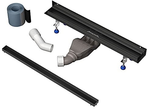Aquabad Edelstahl Duschrinne mit Wandaufkantung - Slim Wall Schwarz Matt, Länge 60 cm, Komplett Set inkl. Abdeckung Befliesbare Mulde, Siphon und Haarsieb