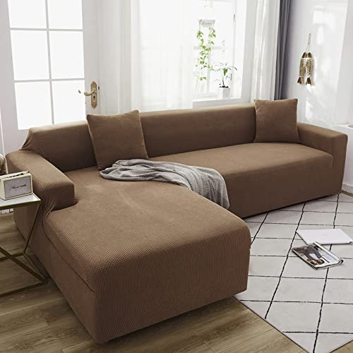 OKJK Sofabezug ecksofa wasserdicht Vier Jahreszeiten universelle Stretch couchbezug l Form, Modischer Polarfleece bequemer Stoff, für Wohnzimmer sofaschutz,Light Coffee,1-seat 90-140cm