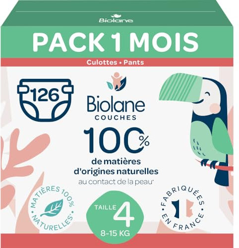 BIOLANE – Pañales – Talla 4 (8-15 kg) – Cero fugas durante 12 h – Pack 1 mes – 126 capas para pantalones – Eco-responsable – Fabricado en Francia