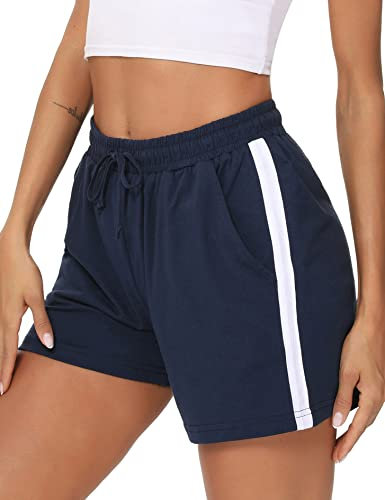 Litherday Shorts Damen Sportshorts Kurz Hosen Streifen Jogginghose Sommer Traininghose mit Taschen Elastischer Bund und Atmungsaktive Shorts zum Fitness, Running, Gym, Basketball, Navy blau, L