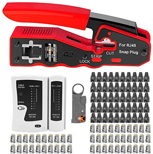 MAYLINEE Herramientas de Crimpado para Cables RJ45 Crimpadora CAT5/CAT5E RJ11/RJ12 con Probador de Pelador de cables de red LAN Pelacables Conector Alicates(Gris)