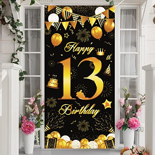 13 Geburtstag Banner, Schwarz Gold 13. Geburtstag Deko für Junge Mädchen, 13 Jahr Geburtstags Dekoration Extra Große Tür Banner Hintergrund Poster Schild für 13. Kinder Geburtstagsdeko, 90 × 185 cm
