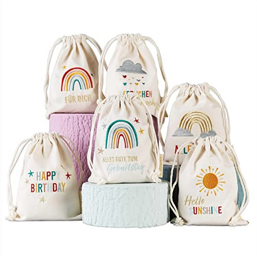 Geschenkbeutel Herzlichen Glückwunsch Regenbogen, Leinen, 6 Stück