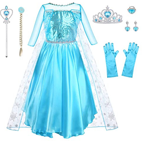 URAQT Kostüm Kinder Mädchen, 9-teiliges Set Kleid Kinder mit Krone Diadem Handschuhe Zauberstab für Weihnachten Verkleidung Karneval Halloween Geburtstag Party,140CM