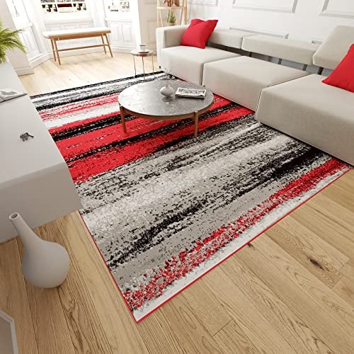 Mazovia Modern Teppich - Kurzflor - Teppich für Wohnzimmer, Schlafzimmer, Esszimmer - ÖKO-TEX Wohnzimmerteppich, Robust und pflegeleicht, Niedrige Florhöhe - Grau Rot 120 x 170 cm