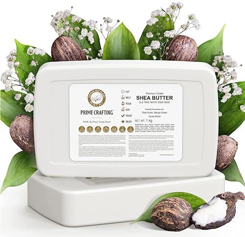 Prime Crafting 1kg BIO Sheabutter Seifenbasis zur Seifenherstellung - SLS & SLES Frei - Glycerinseife Rohseife zum Seifengießen - Seife Selber Machen mit Seifenblock - Melt and Pour Soap Base