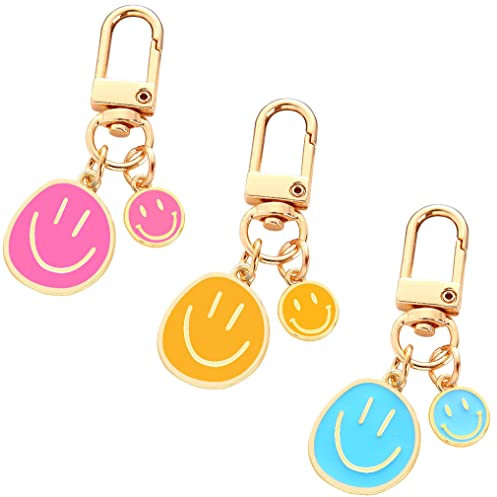HOSBY 3 Stück Smile Expression Schlüsselanhänger für Frauen Tasche Charms Schlüsselanhänger Autoschlüssel Anhänger für Geldbörse Handtasche Tasche Dekoration, 3 Stück/Blau & Gelb & Rot, Einheitsgröße