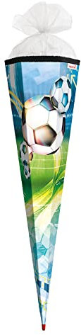 Gefüllte Motiv-Schultüte Fußball 85cm eckig Rot(h)-Spitze Tüllverschluss