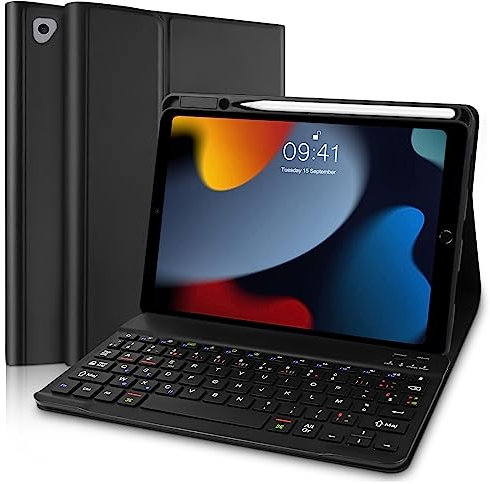 Clavier iPad 9 eme Generation, Coque Clavier Compatible avec iPad 9/ 8/ 7 ème Génération, AZERTY Français Clavier iPad 9 2021 10.2 (Modèle: A2603, A2604, A2605) avec Porte-stylos (iPencil Non Inclus)