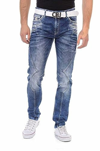 Cipo & Baxx Herren Jeanshose Straight Fit, Regular Denim Pants im Kontrastnaht, Hoher Baumwolle Jean Hose für Männer mit trendigen Ziernähten, Casual-Look Klamotten für Herren, CD695, Blau, W29 L32