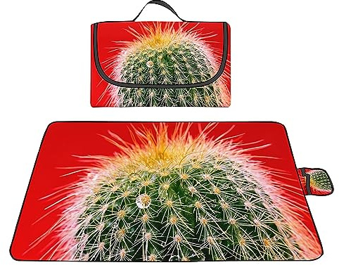 Yoonqun Manta Picnic Impermeable 150x200cm,Lavable Picnic Blanket,Ultrasónica Mantel Picnic,con Mango Multifunción para Acampar Playa Parque de Senderismo,Bola de Cactus roja