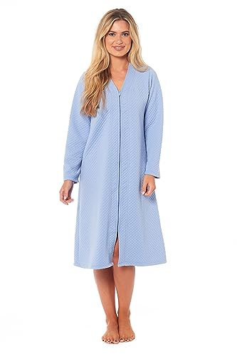 Daisy Dreamer Womens Housecoat Quilted Zip Through Dressing Gown Ladies Zipped Robe Gowns, Light Blue Small