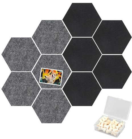 Neikafan 10 Stück Filz Pinnwand Hexagon Pinnwand Filz Schwarz Grau Filztafel Sechseckig Selbstklebend Pinboard mit Pinnnadeln für Foto Hängen,Bulletin Tafeln Schreibtisch Deko Kinderzimmer Büro