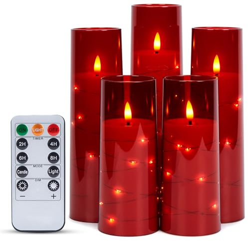 IMAGE Flackernde flammenlose Kerzen batteriebetrieben, Acryl Shell Pillar 3D Docht LED-Kerzen Timer für Hochzeit Weihnachten Home Decor Set von 5 (D2,3 in X H5 5 7 7 8 in),Rot