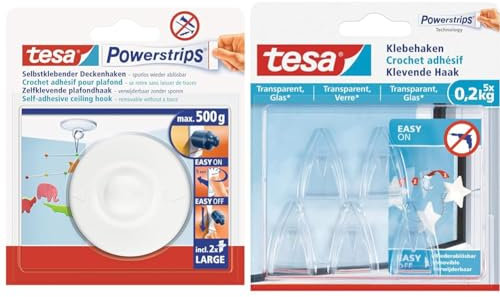 tesa Powerstrips Deckenhaken - Selbstklebender & Klebehaken für transparente Oberflächen und Glas - Durchsichtige, selbstklebende Haken - Bis zu 0,2 kg Halteleistung pro Haken, 5-er Pack