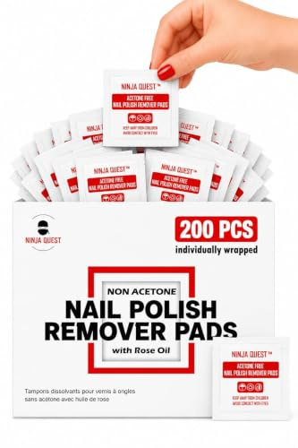 NINJA QUEST Nail Polish Remover Wipes, 100% Acetone Free, Pack of 200, Individually Wrapped, Travel Kit for Removing Nail Polish at Home and Professional