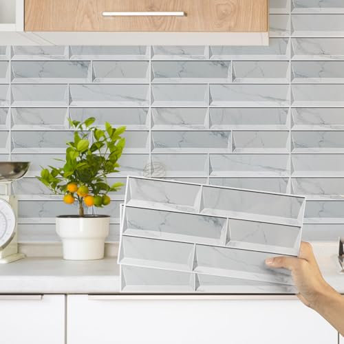 Decoroom Tile Stickers White 12pcs/15x30cm Peel and Stick Vinyl Brick Self Adhesive Wall Tiles Waterproof DIY Home Decor Stick on Kitchen Transfers Bathroom Backsplash