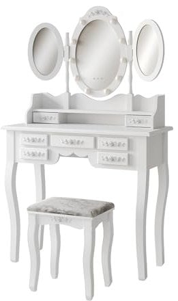 Vicco Schminktisch Diana, Kosmetiktisch mit Spiegel, Weiß, 85 cm mit Beleuchtung und Hocker
