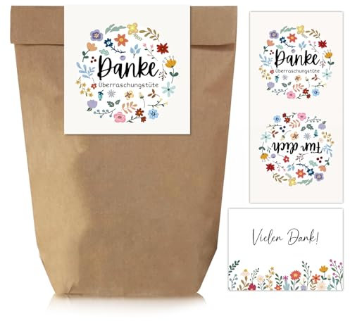 BOFUNX 20 Stück Danke/Für Dich Karten für Dankeschön Geschenktüten Kraftpapiertüten mit Vielen Danke Grußkarten zum Verpackung für Einschulung Hochzeit Geburtstag Taufe Konfirmation Kommunion