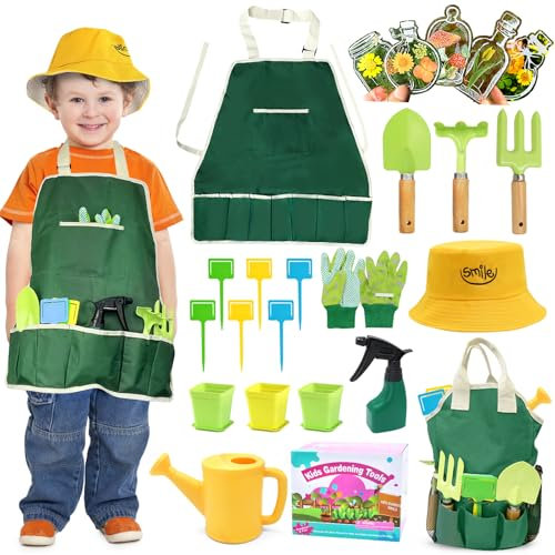Childrens Gardening Sets,Garden Set for kids include Rake,Fork,Trowel, Hat ,Watering Can,Gloves,Tote Bag,Plant pots, DIY Bookmark Kits, Kids Outdoor Toy Gift for Toddler Boy Girl