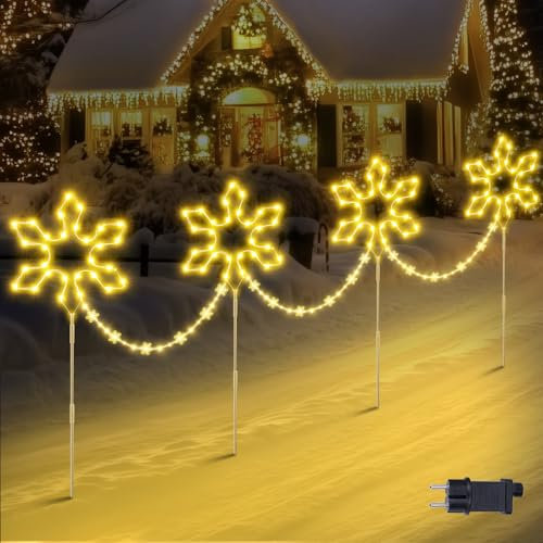 Quntis 176 LED Weihnachtsdeko Außen mit Erdspieß, 4 große Schneeflocken Gartendeko mit Timer, IP65 wasserdichte Weihnachtsbeleuchtung Outdoor Warmweiß, Strombetriebener Gartenstecker Hof Weg Balkon