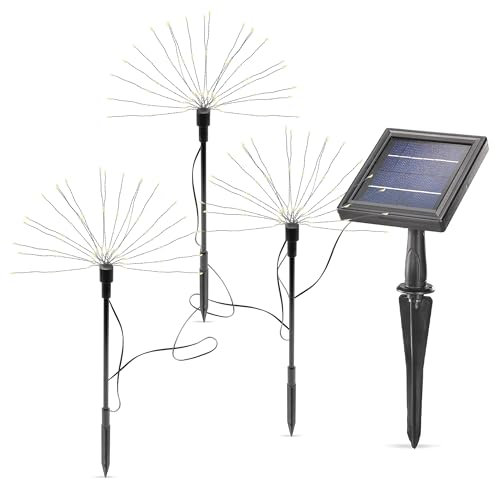 Esotec Solar Stecklicht Wunderkerze, 3er SET, 2 Modi, 180 LEDs warmweiß, Feuerwerk, Fireflys, Glühwürmchen, Dekolichterkette, LiFePo4 Akku, Solarmodul, Erdspieß, IP44, winterfest, außen, 102576