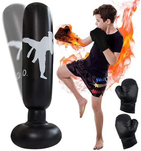 PRITOK Sac de Frappe Gonflable Debout 160 cm pour Enfants et Adultes - Avec Gants de Boxe - Pour Karaté, Taekwondo