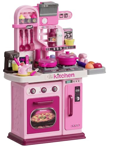 AIYAPLAY Cucina Giocattolo per Bambini con Luci Suoni 53x22x69 cm Rosa | 33 Pezzi, Rubinetto, Gioco per Bambini, PP e ABS