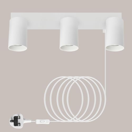 TaFiCo 3 Way White Plug in Wall Lights GU10 - Modern Wall Lamp with Plug 350° Adjustable - 7W Indoor Plug in Wall Light for Bedroom Living Room Kitchen Desk Picture - Bulb Not Included