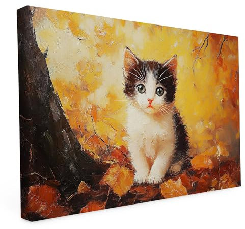 druck.de Keilrahmen - Katzen und Hunde Motive - Wandbild auf Künstler Leinwand – Hochwertiger Kunstdruck - 2cm Holzrahmen mit 280g Canvas - Katze im Herbst, 30x20 cm - Quer