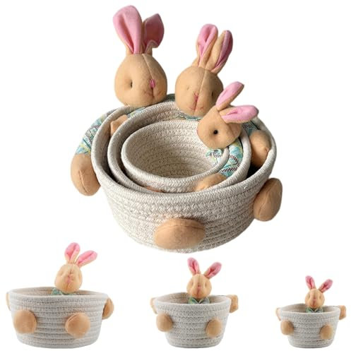 SilverChry 3Pcs Cesta de Huevos de Pascua, Cesta de Cuerda de Algodón, Cesta del Conejo de Pascua, Cesta Organizadora Cuerda Algodón Tejida, Cestas de Almacenaje, Cestas Baño Organizadoras (Blanco)