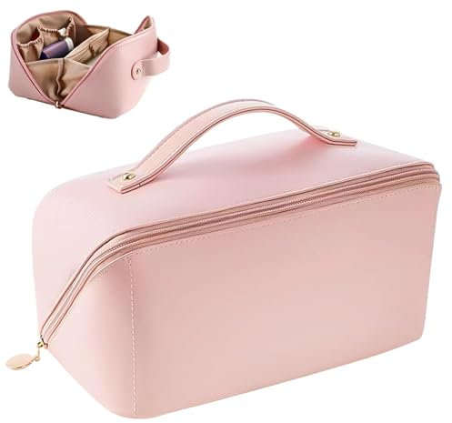 Trousse de maquillage de voyage de grande capacité, trousse de toilette étanche, en cuir synthétique avec poignée et compartiments pour femmes et filles (rose), rose, Taille unique, Grande capacité