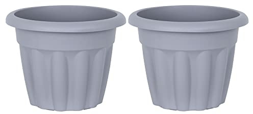 M1SS Set of 2 X 25cm Round Upcycle Grey 4.5L Plastic Planter with Drainage Hole, Garden Flower & Plant Pot Indoor/Outdoor, Made in UK