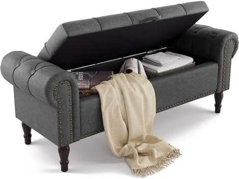 LUE BONA Sitzbank mit Stauraum 130 cm,Sitzbank Bank mit Aufbewahrungsbox,Bettbank Gepolstertem Kissen,Sitztruhe mit Armlehnen aus Linen für Wohnzimmer,Schlafzimmer,Flur,130 X 43 X50 cm,Karbon Grau