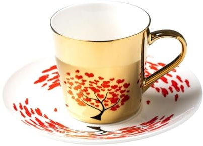 KUKUUU Tazza da caffè in ceramica con piattini e cucchiaio Tazze da tè(Gold (Flower))