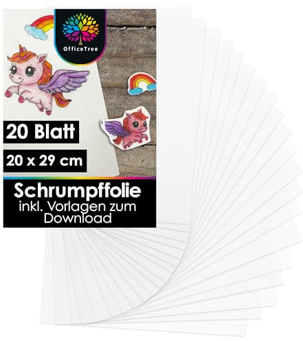 OfficeTree 20x Lamina Plastico Magico Imprimible 20 x 29 cm - Papel Magico Horno con Plantillas Descargables - Láminas de Plástico Mágico para Manualidades Joyas o Llaveros - Shrink Plastic