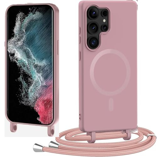 Spdymo für Samsung Galaxy S22 Ultra Hülle mit Band, Kompatibel mit Magsafe, Magnetisch Handyhülle für Samsung S22 Ultra Handyband Silikon TPU Schutzhülle zum Umhängen Kordel Necklace Kette, Rose