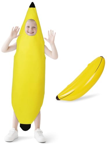 AYBUY Bananen kostüm, Banane Outfit für Erwachsene, Lustiges Bananenschalen Kostüm mit 1 aufblasbare Banane, Obst Verkleidung Set, Lustig Karneval Halloween Kostüm Cosplay für Herren Damen