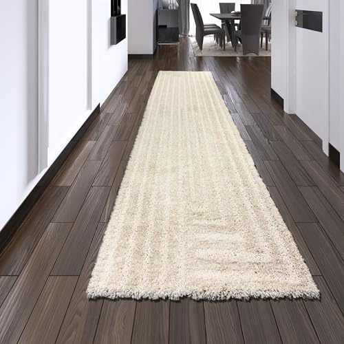 Teppich-Traum Teppich für Flur Diele Wohnzimmer Hochflor weich mit pflegeleicht robust edel langlebig allergikergeeignet stilvoll Creme 80 x 300 cm