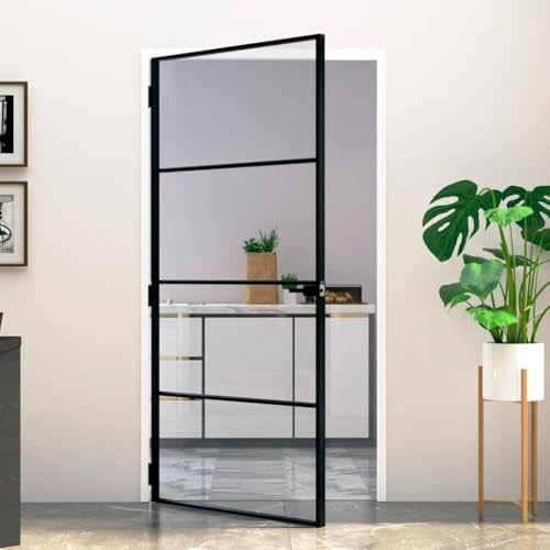 ACAGALA Puerta Interior, Puerta corredera de Cristal, 102 x 201,5 cm, Puerta de Cristal con Tirador Cerradura de Hierro, Marco de Aluminio de Seguridad ESG, Negro y, (Sin Accesorios)