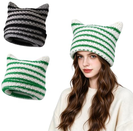 BSITSSS 2 Stück Beanie Mütze,Mütze Damen Winter Herbst,Streifen Strickmütze | Beanie Damen, Grün Schwarz Streifen Wintermütze Mädchen, Strickmützen Winterhut Damen mit Katzenohren für Alltag Reisen