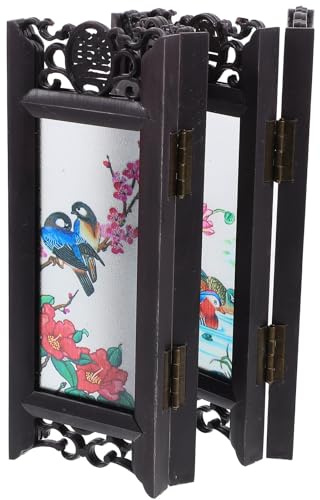 POPETPOP Mini Paravent Pliant Décoratif Style Chinois en Bois Effet Antique, Petit Écran à Panneaux Traditionnels pour Décoration Bureau et Maison de Poupée, Ornement Mural Polyvalent