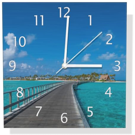 Wallario Design Wanduhr Türkisfarbene Lagune aus Aluverbund, Alu-Uhr Größe 30 x 30 cm, weiße Zeiger mit Metalloptik